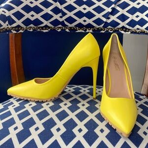 Canary yellow pointed toe high heel stiletto lug pumps